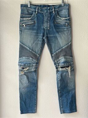 Authentic BALMAIN PARIS Men's Biker Jeans Blue Distressed Moto Denim Size 30
